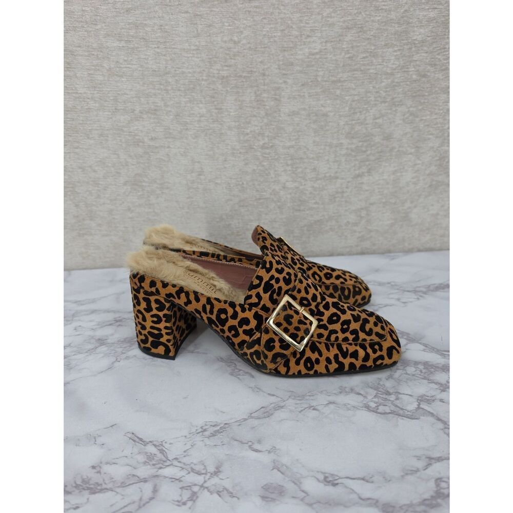 Summit by White Mountain Suede Leopard Print Heeled Mules Faux Fur Lining